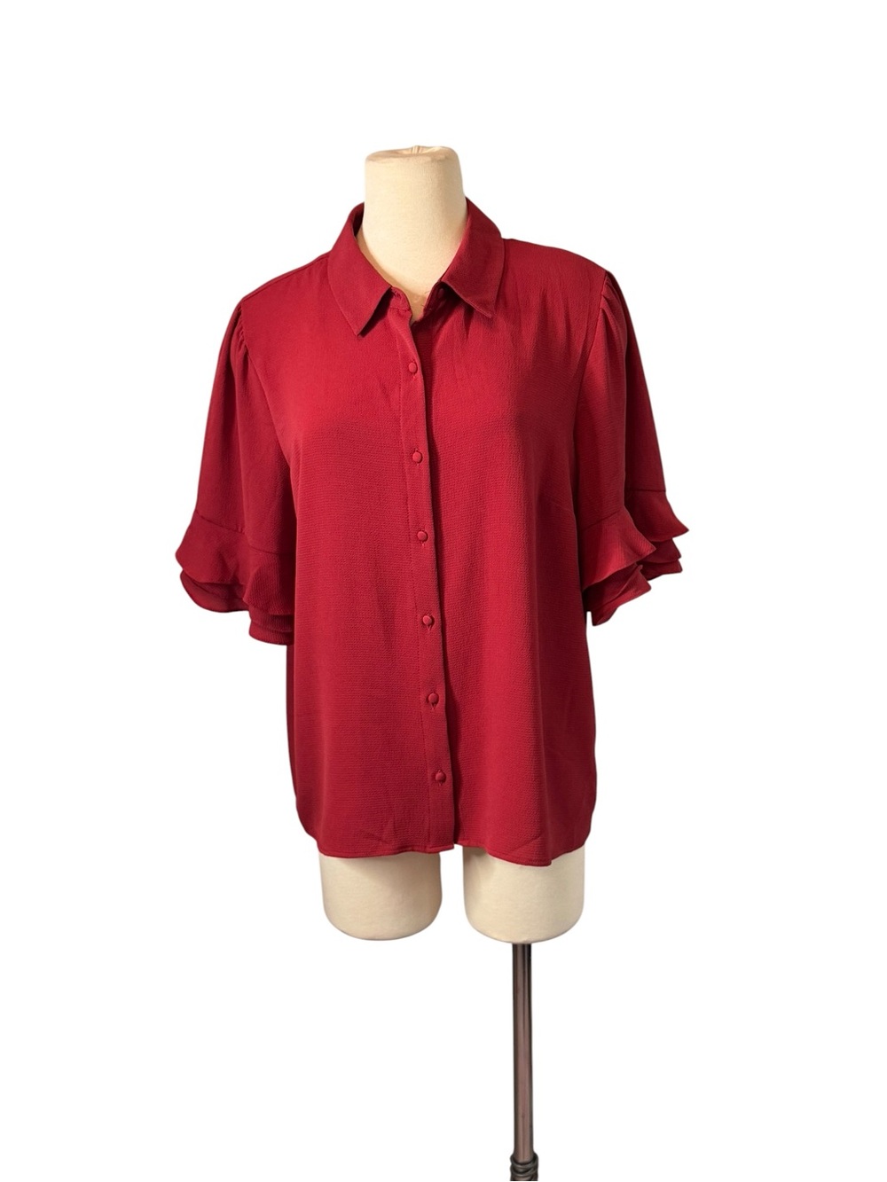 CeCe Deep Red Button-Front Blouse with Ruffle Sleeves